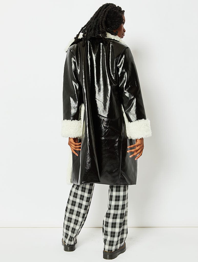 Patent Faux Leather Coat With Ivory Fur Trim Coats & Jackets Skinnydip London