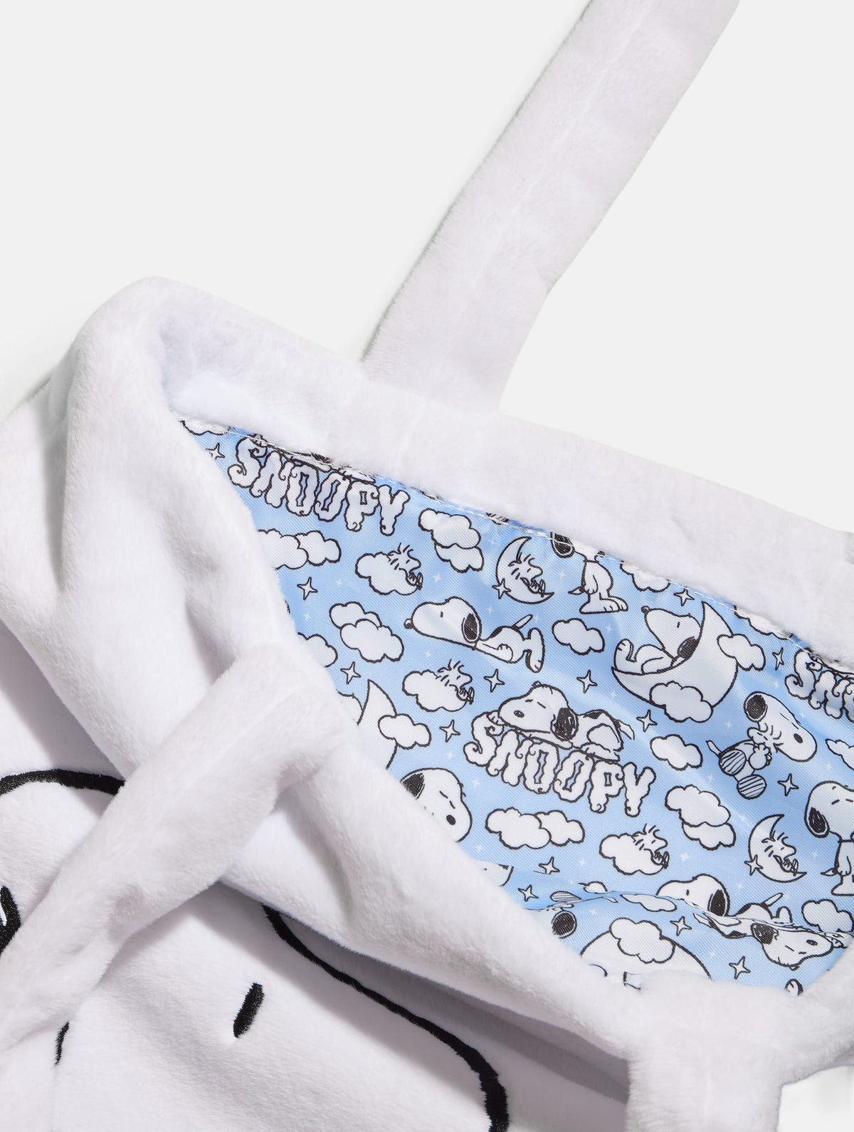 Peanuts x Skinnydip Snoopy Fluffy Tote Bag with Chrome Charm Printed Tote Bags Skinnydip London