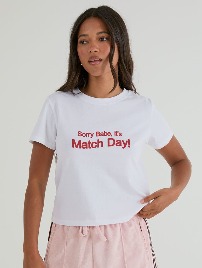 Sorry Babe, It's Match Day Baby T-Shirt In White Tops & T-Shirts Skinnydip London