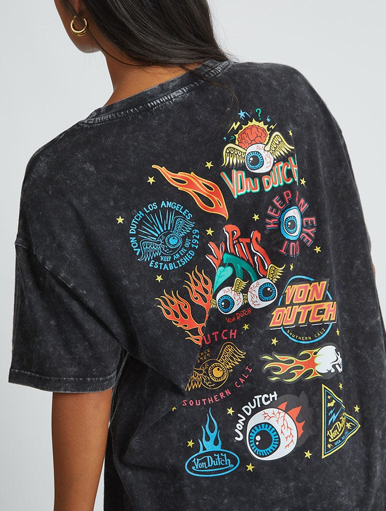 Von Dutch Sticker T-Shirt In Acid Wash Tops & T-Shirts Skinnydip London