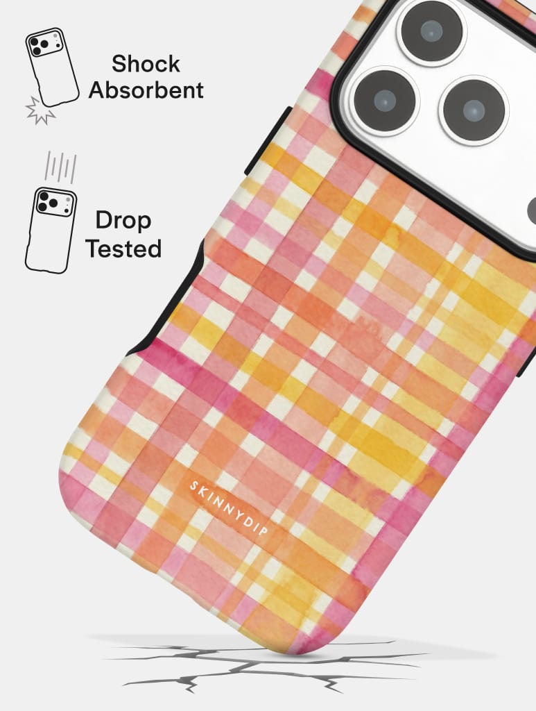 Watercolour Gingham Pink Orange Yellow Ultra Protective iPhone Case Phone Cases Skinnydip London