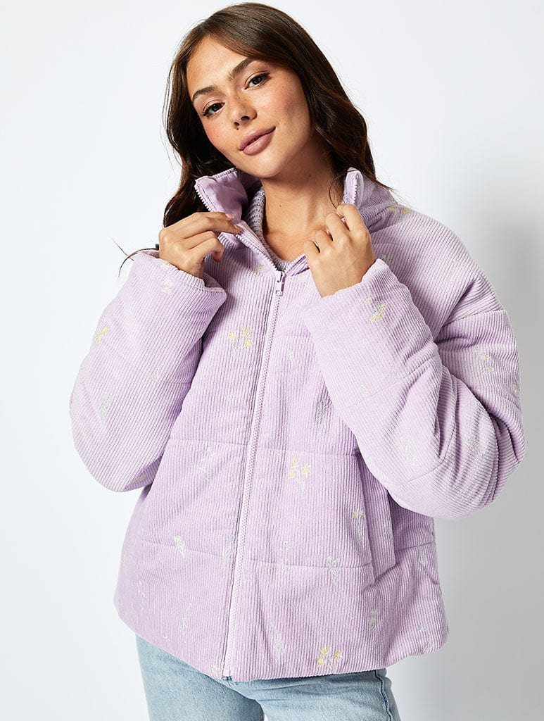 Wildflower Cord Puffer in Lilac Coats & Jackets Skinnydip London