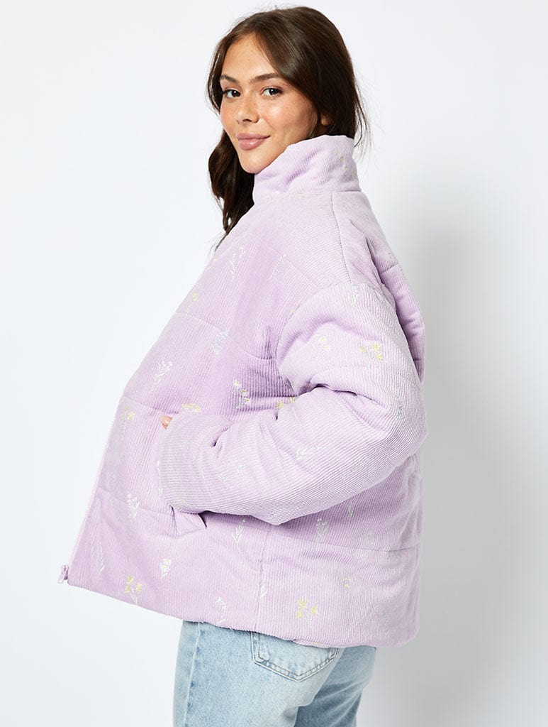 Wildflower Cord Puffer in Lilac Coats & Jackets Skinnydip London