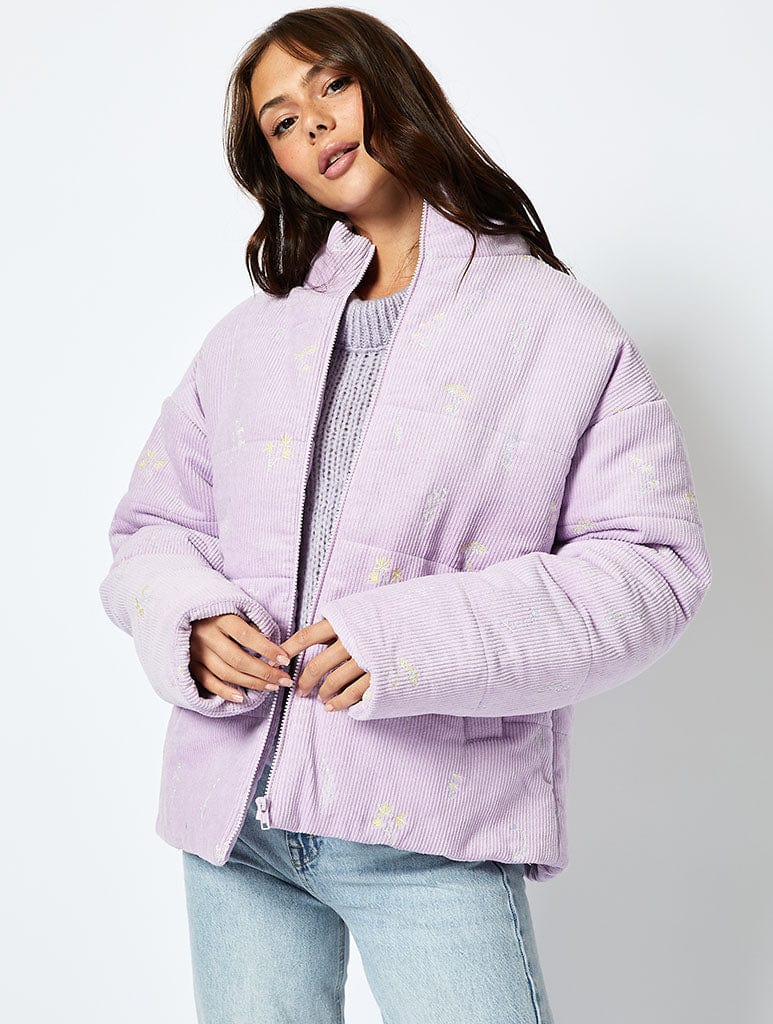 Wildflower Cord Puffer in Lilac Coats & Jackets Skinnydip London