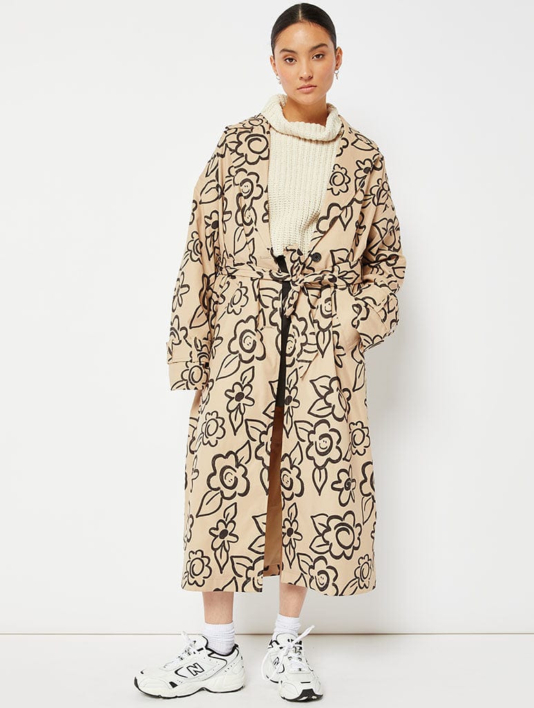 Brown Happy Face Flower Printed Trench Coat Coats & Jackets Skinnydip London