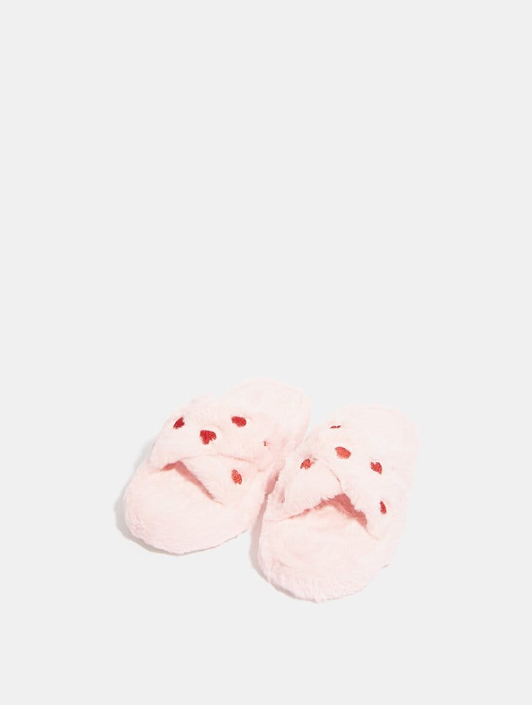 Pink Fluffy Heart Cross Over Slippers Footwear Skinnydip