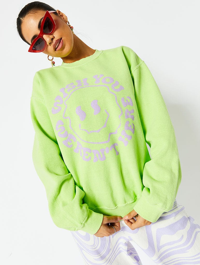 Wish You Weren't Here Oversized Sweatshirt in Lime Hoodies & Sweatshirts Skinnydip London