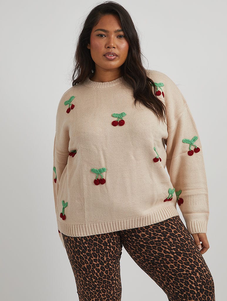 Applique Crochet Cherry Knitted Jumper in Cream Jumpers & Cardigans Skinnydip London