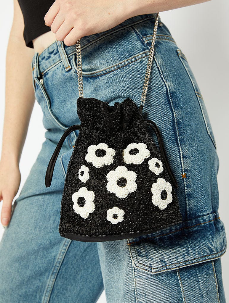 Black Beaded Flower Drawstring Bag Bags Skinnydip London