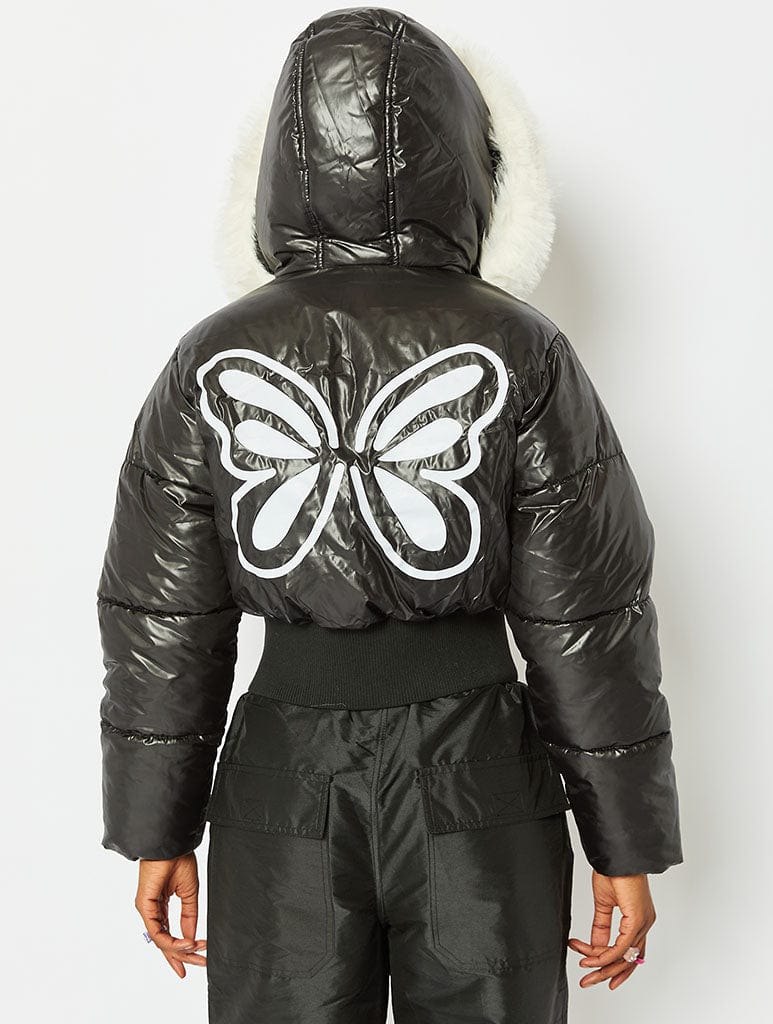 Black Butterfly Puffer Jacket with Fur Trim Coats & Jackets Skinnydip London