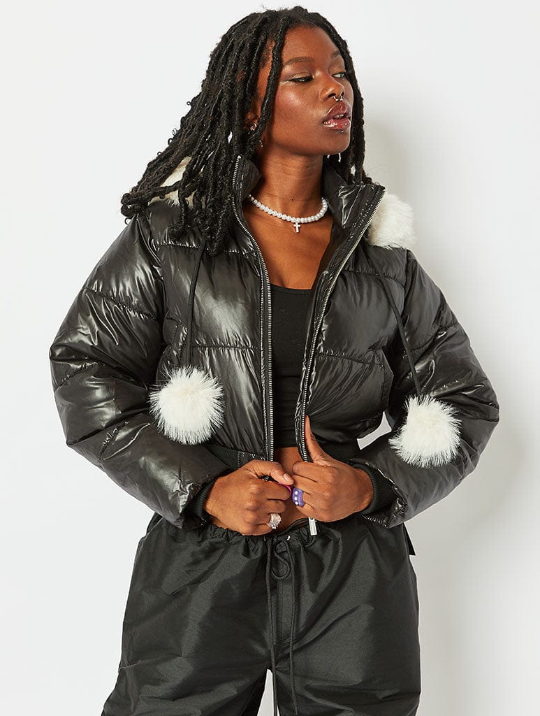 Black Butterfly Puffer Jacket with Fur Trim Coats Skinnydip London