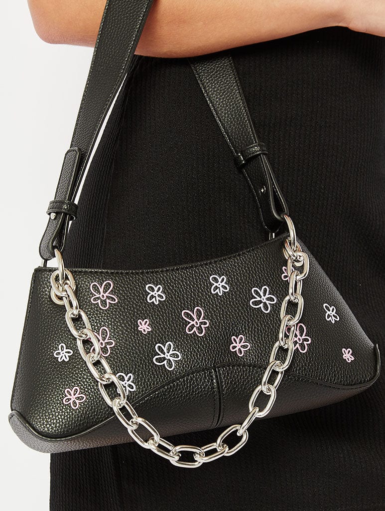 Black Flower Embroidered Chain Shoulder Bag Bags Skinnydip London