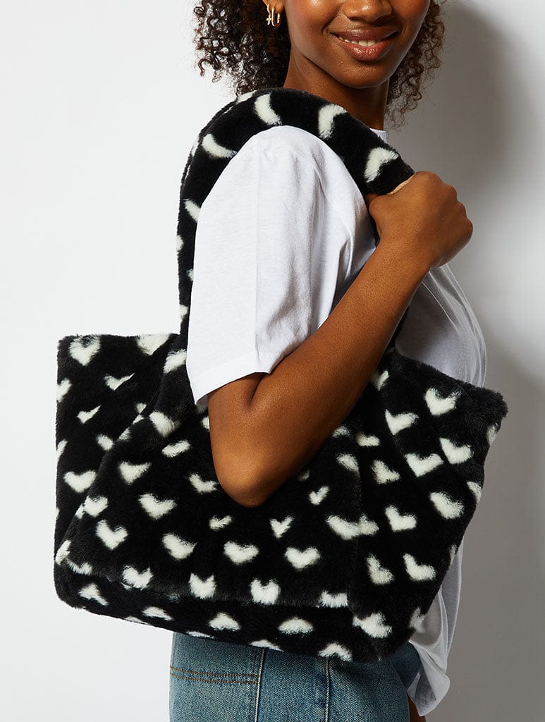Black Fluffy Heart Tote Bag Bags Skinnydip London