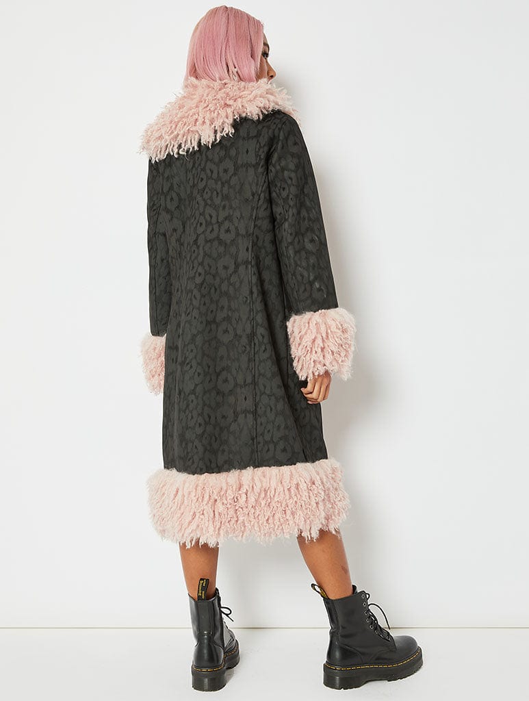 Black Longline Coat with Pink Fluffy Trim Coats & Jackets Skinnydip London