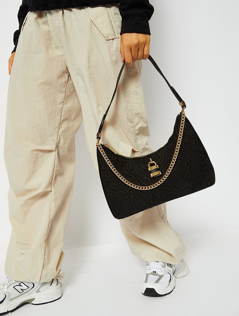 Black Quilted Padlock Shoulder Bag Bags Skinnydip London