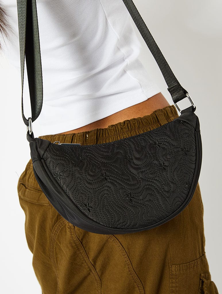 Black Swirl Quilted Nylon Hobo Cross Body Bag Bags Skinnydip London