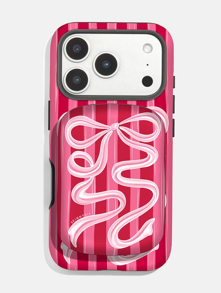 Bow Stripe Red and Pink Portable Magsafe Charger Portable Chargers Skinnydip London