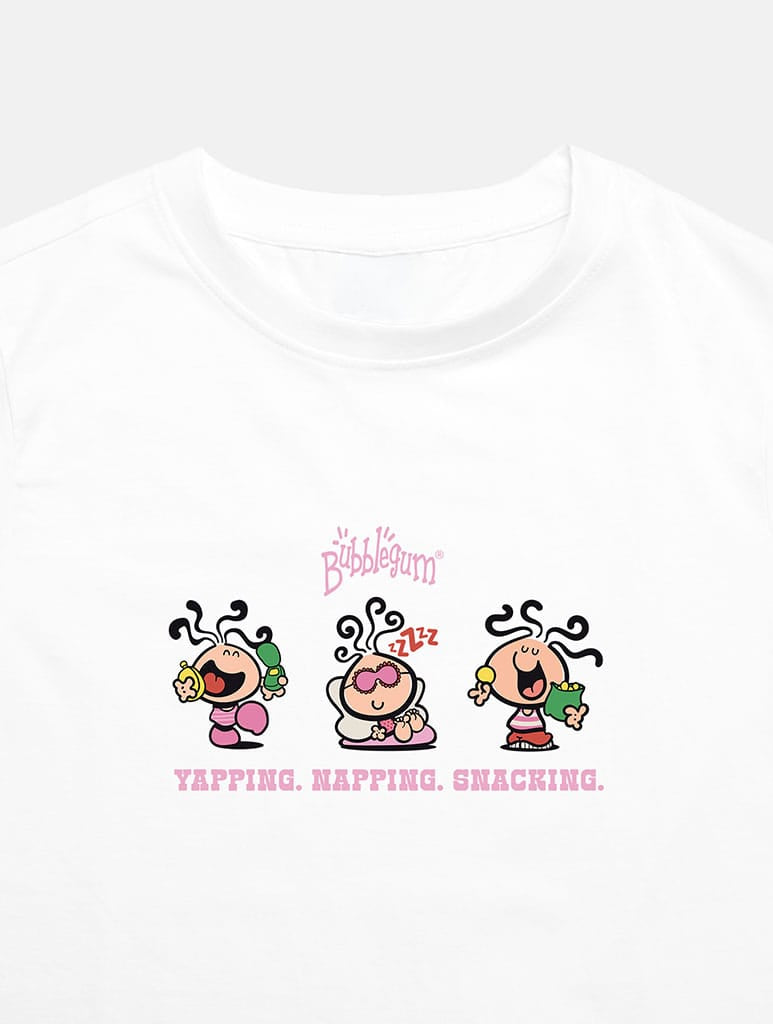 Bubblegum x Skinnydip Yapping, Napping, Snacking Baby T-Shirt In White Tops & T-Shirts Skinnydip London
