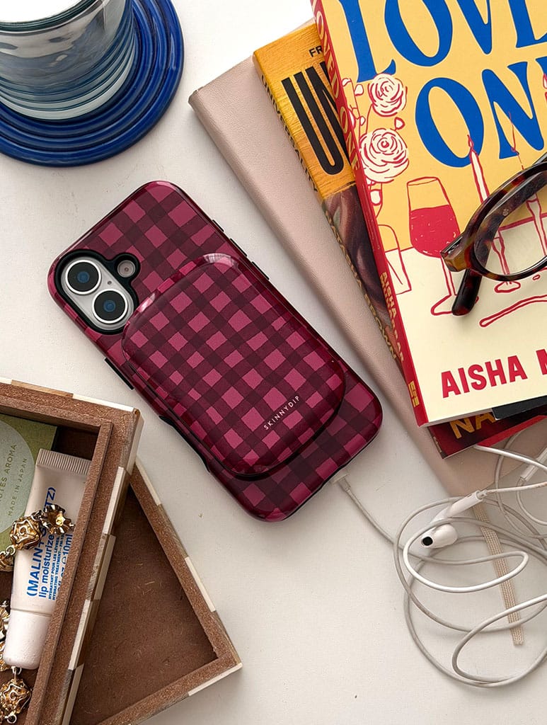 Burgundy Gingham Portable Magsafe Charger Portable Chargers Skinnydip London
