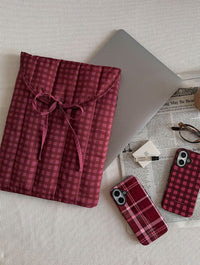 Burgundy Gingham Quilted Bow Laptop Sleeve Laptop Cases Skinnydip London