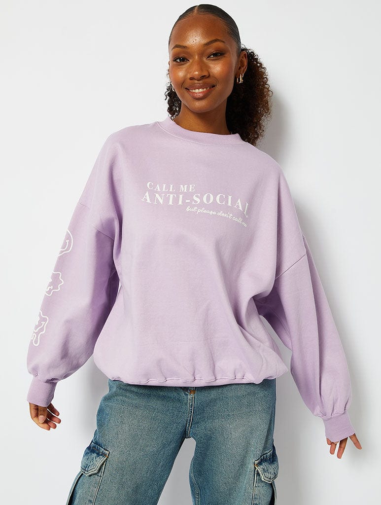 Call Me Antisocial Lilac Oversized Sweatshirt Hoodies & Sweatshirts Skinnydip London