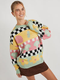 Checkerboard Strawberry and Olive Knitted Jumper Jumpers & Cardigans Skinnydip London