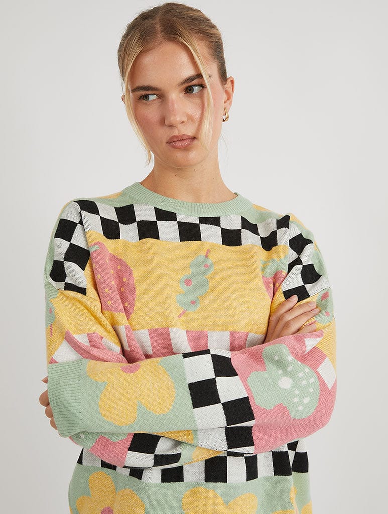 Checkerboard Strawberry and Olive Knitted Jumper Jumpers & Cardigans Skinnydip London