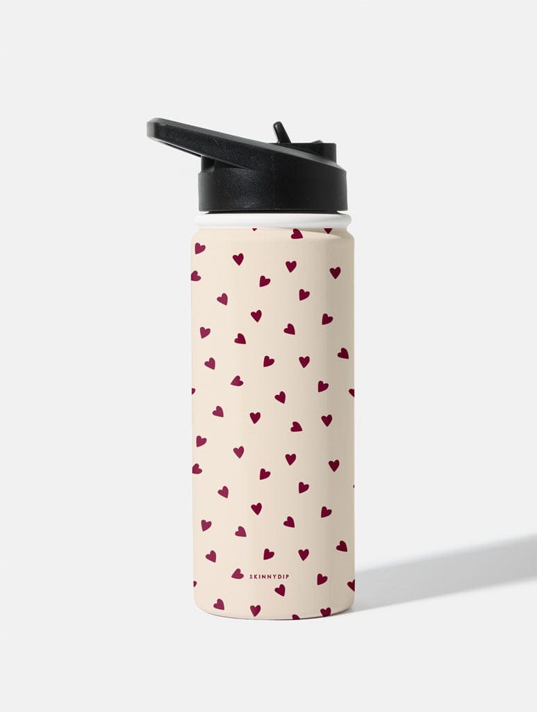 Cream and Burgundy Ditsy Hearts  18oz Stainless Steel Water bottle Water Bottles Skinnydip London