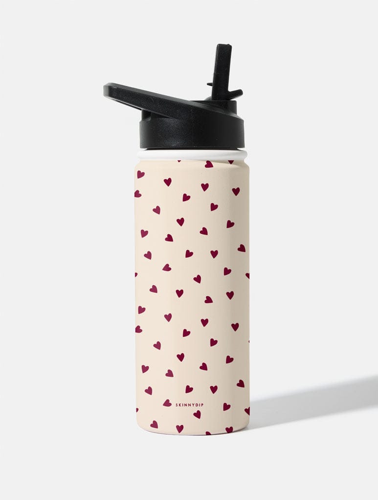 Cream and Burgundy Ditsy Hearts  18oz Stainless Steel Water bottle Water Bottles Skinnydip London