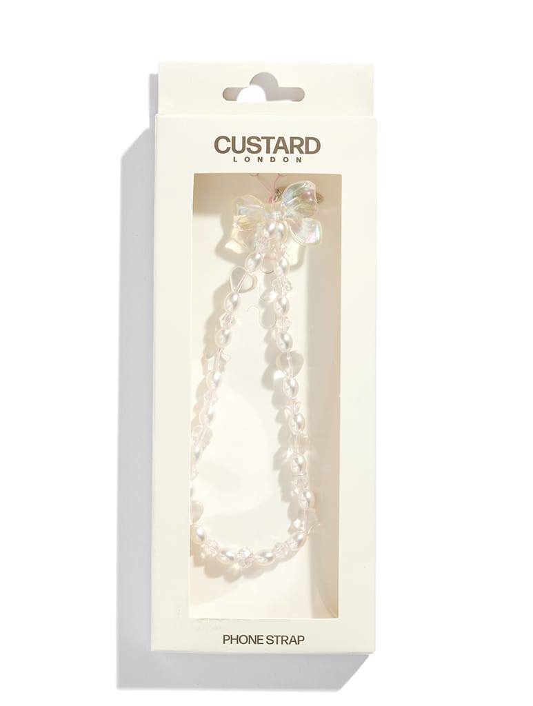 Custard Single Bow Crystal Pearl Beaded Strap Phone Grips Custard London