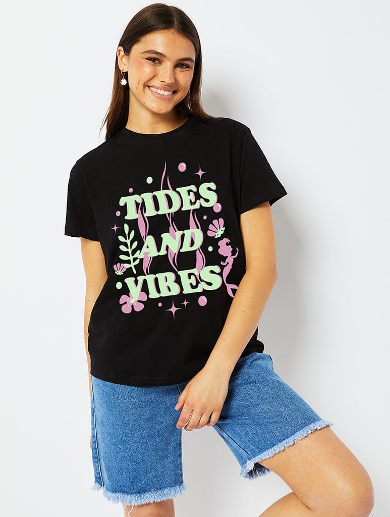 Disney Ariel Tides & Vibes T-Shirt in Black Tops & T-Shirts Skinnydip London