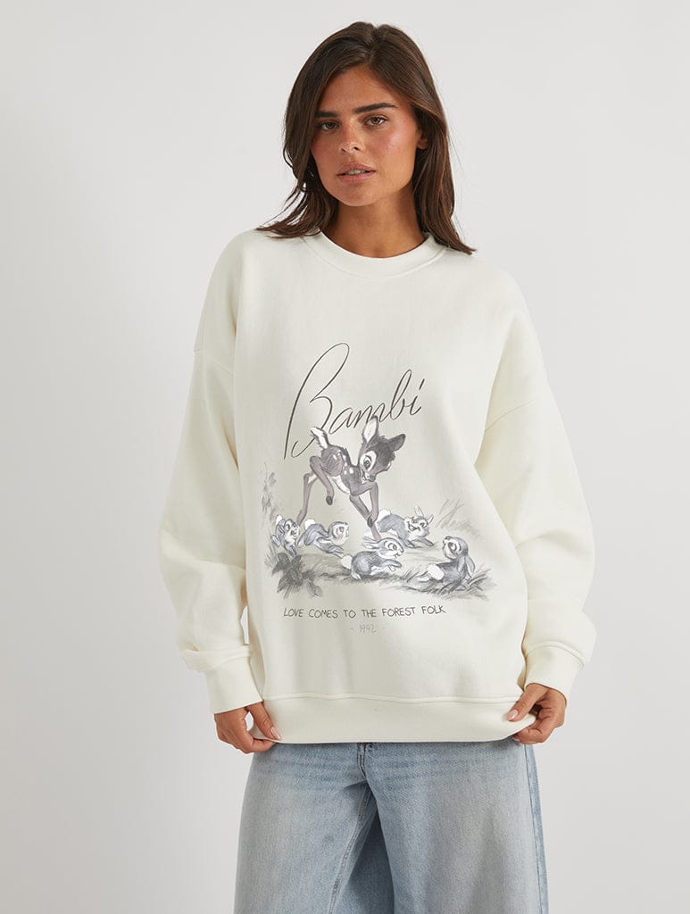 Disney Bambi Love Comes To The Forest Folk Sweatshirt In White Hoodies & Sweatshirts Skinnydip London
