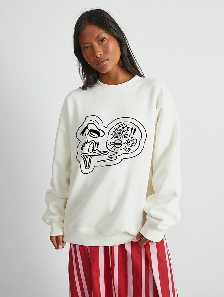 Disney Donald Duck Scribble Sweatshirt In White Hoodies & Sweatshirts Skinnydip London