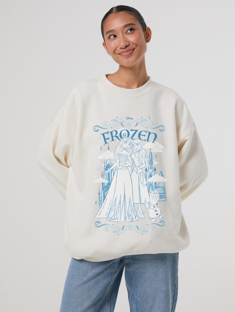 Disney Frozen 2 Castle Front Print Sweatshirt In White Hoodies & Sweatshirts Skinnydip London