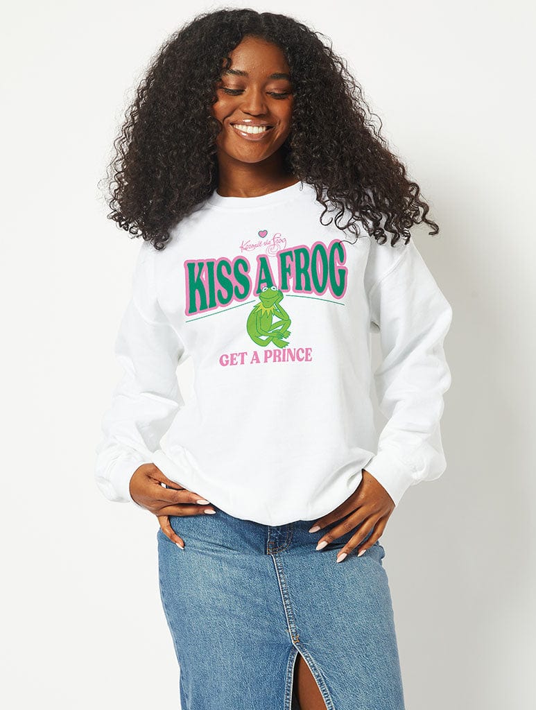 Disney Kermit Kiss a Frog Sweatshirt in White Hoodies & Sweatshirts Skinnydip London