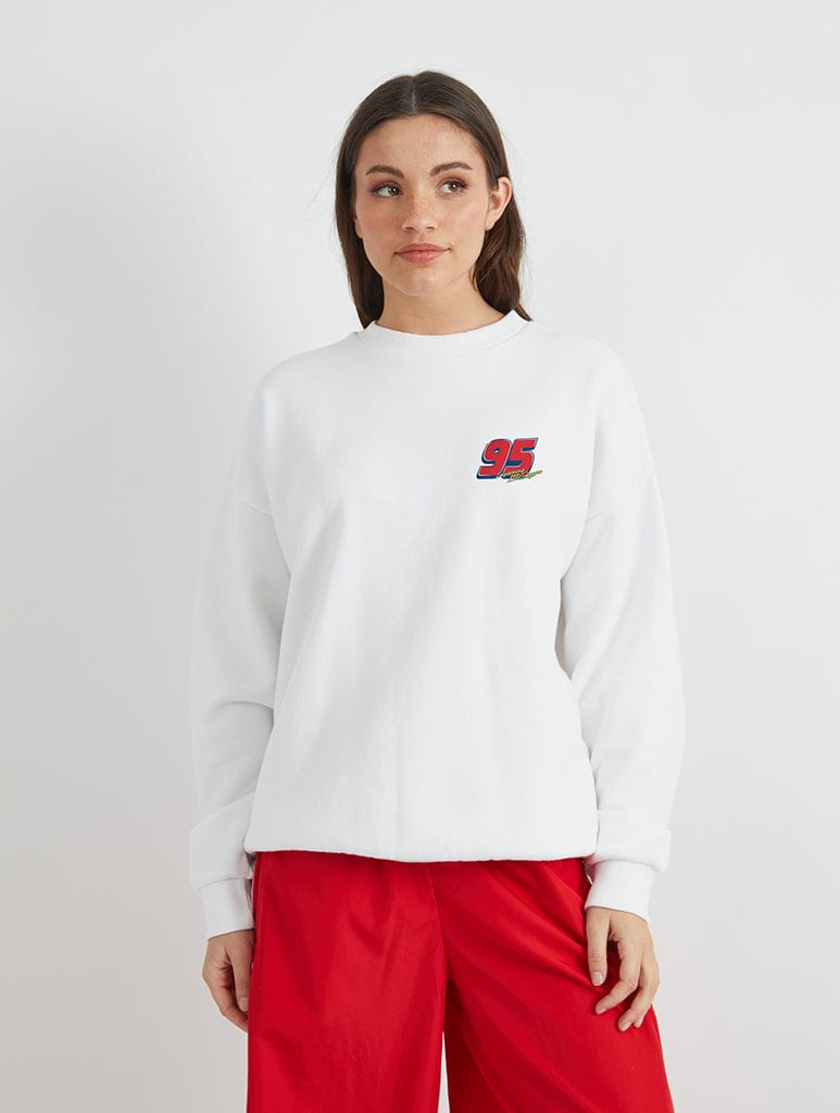 Disney Lightning McQueen Varsity Sweatshirt In White Hoodies & Sweatshirts Skinnydip London