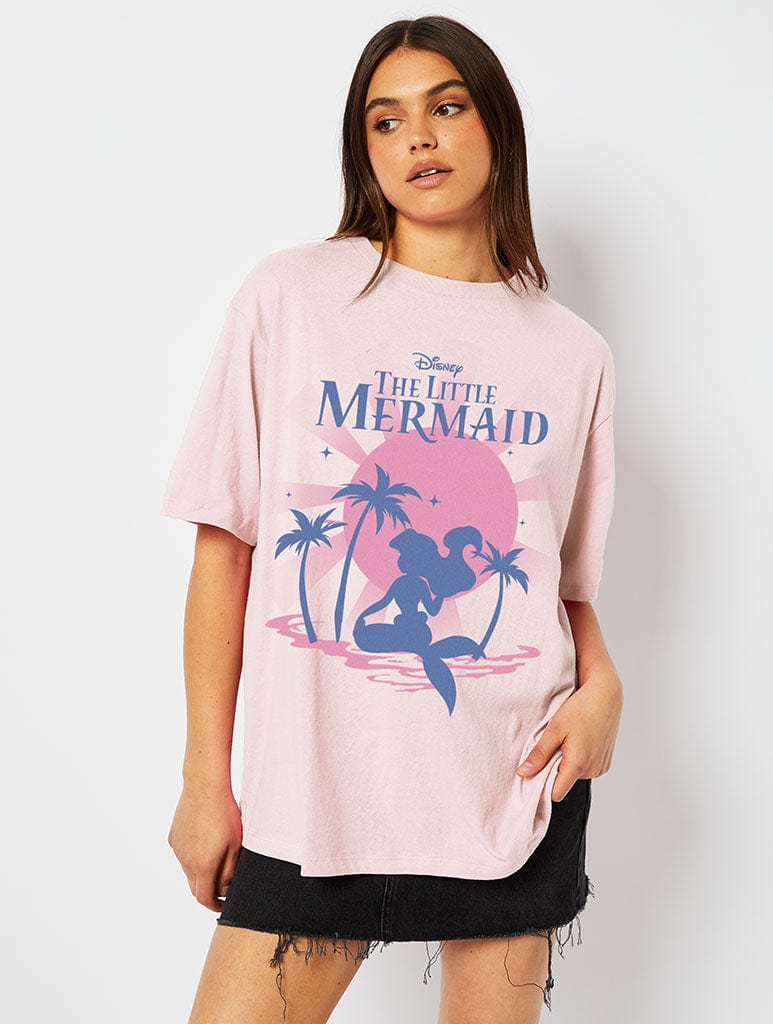 Disney Little Mermaid Sunset T-Shirt in Pink Tops & T-Shirts Skinnydip London