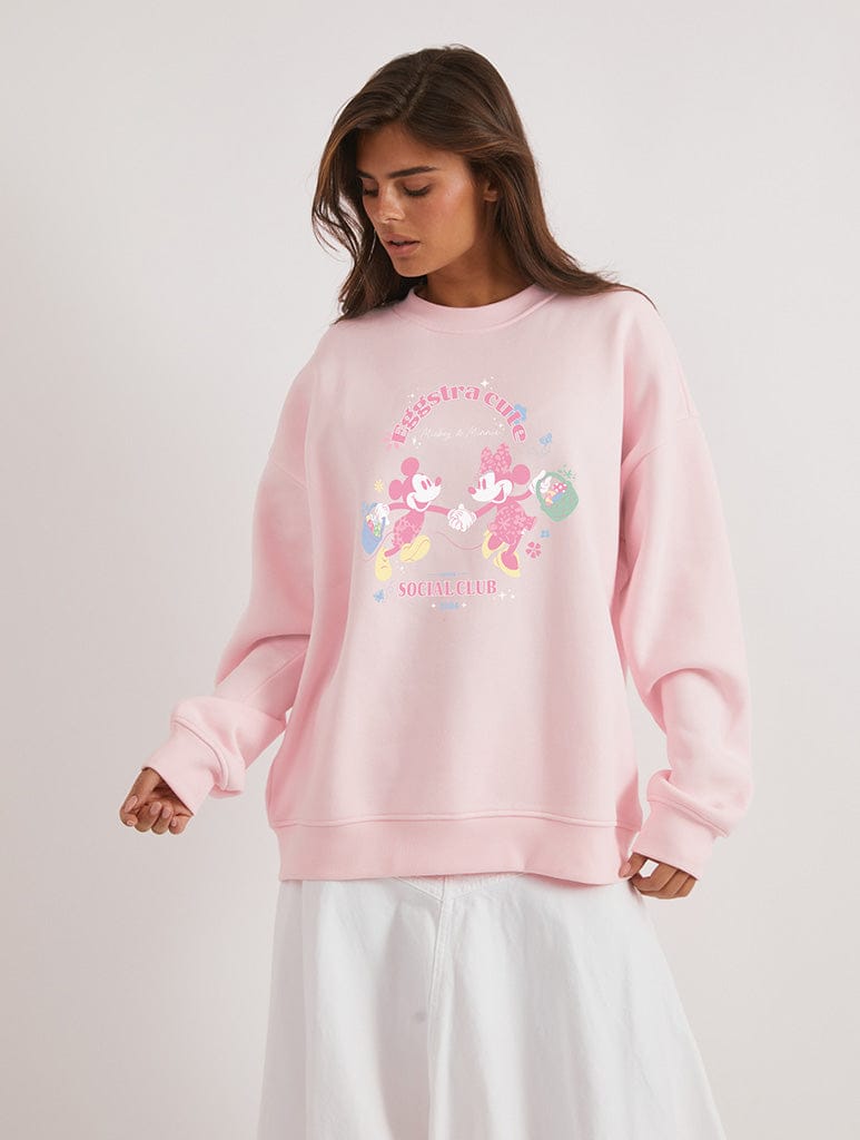 Disney Mickey and Minnie Eggstra Cute Social Club Sweatshirt In Pink Hoodies & Sweatshirts Skinnydip London