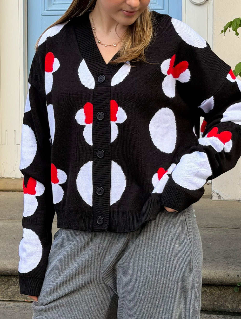 Disney Minnie Mouse Head Polka Dot Knitted Cardigan in Black Jumpers & Cardigans Skinnydip London