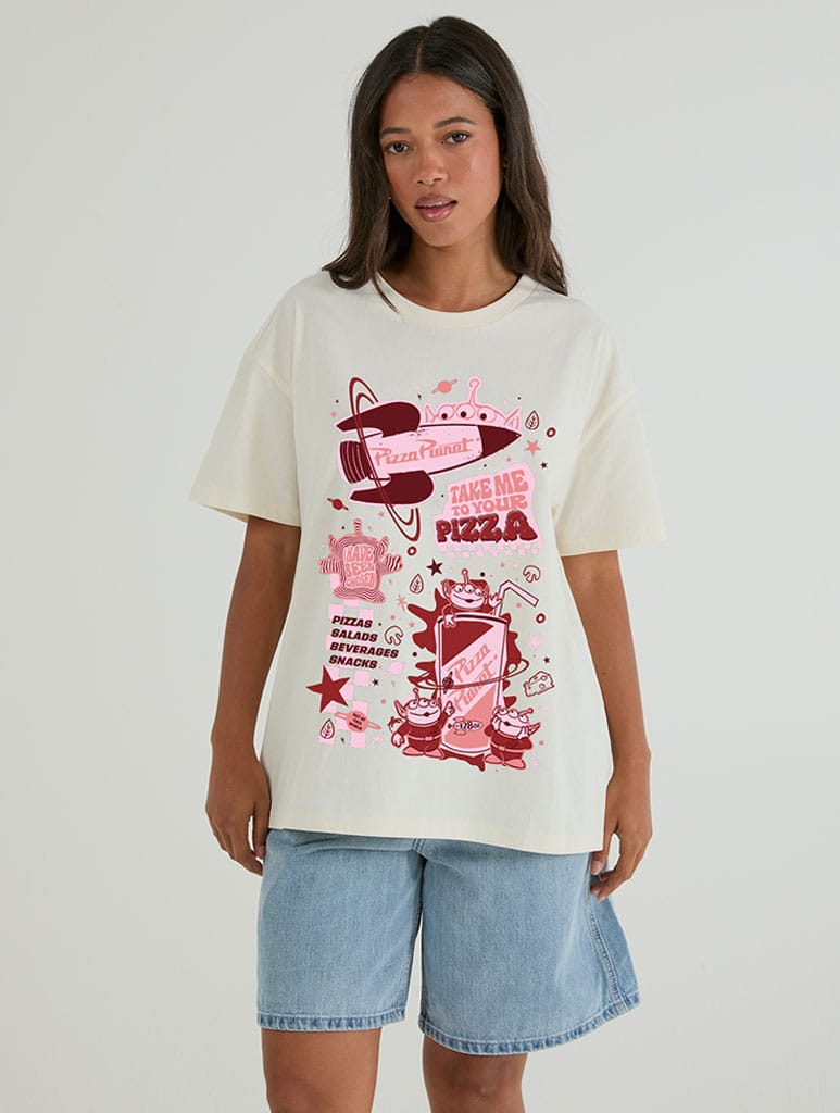 Disney Pixar Aliens Pizza Planet Poster Front Print T-Shirt In White Tops & T-Shirts Skinnydip London