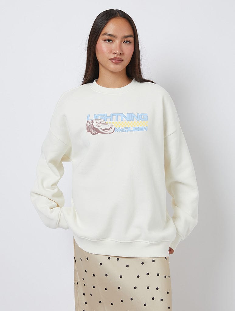 Disney Pixar Cars Lightning McQueen Race Ready Sweatshirt In White Hoodies & Sweatshirts Skinnydip London