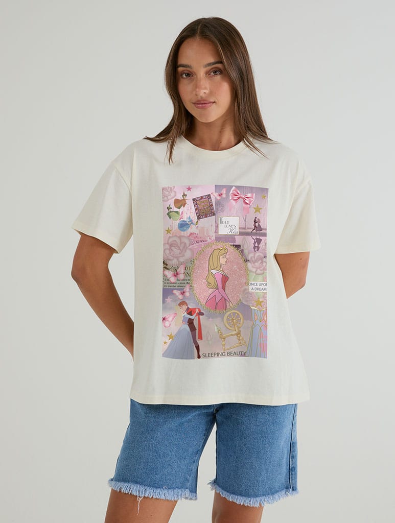 Disney Princess Sleeping Beauty Front Print T-Shirt In White Tops & T-Shirts Skinnydip London