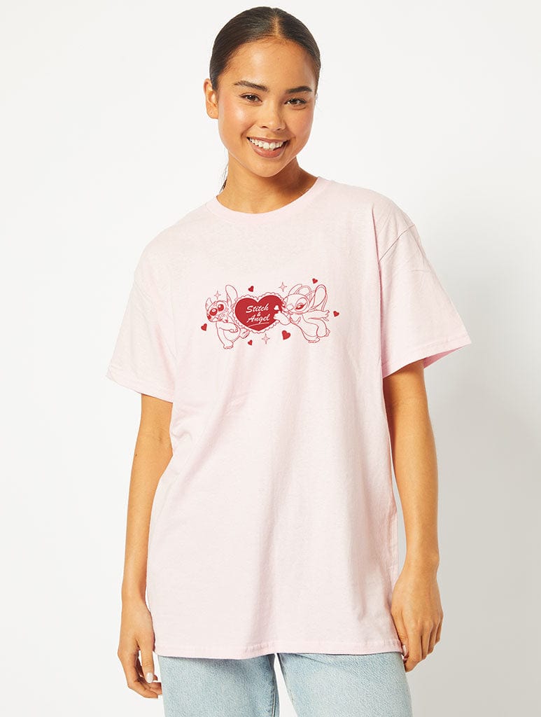 Disney Stitch & Angel Original Heartbreakers T-Shirt in Pink Tops & T-Shirts Skinnydip London