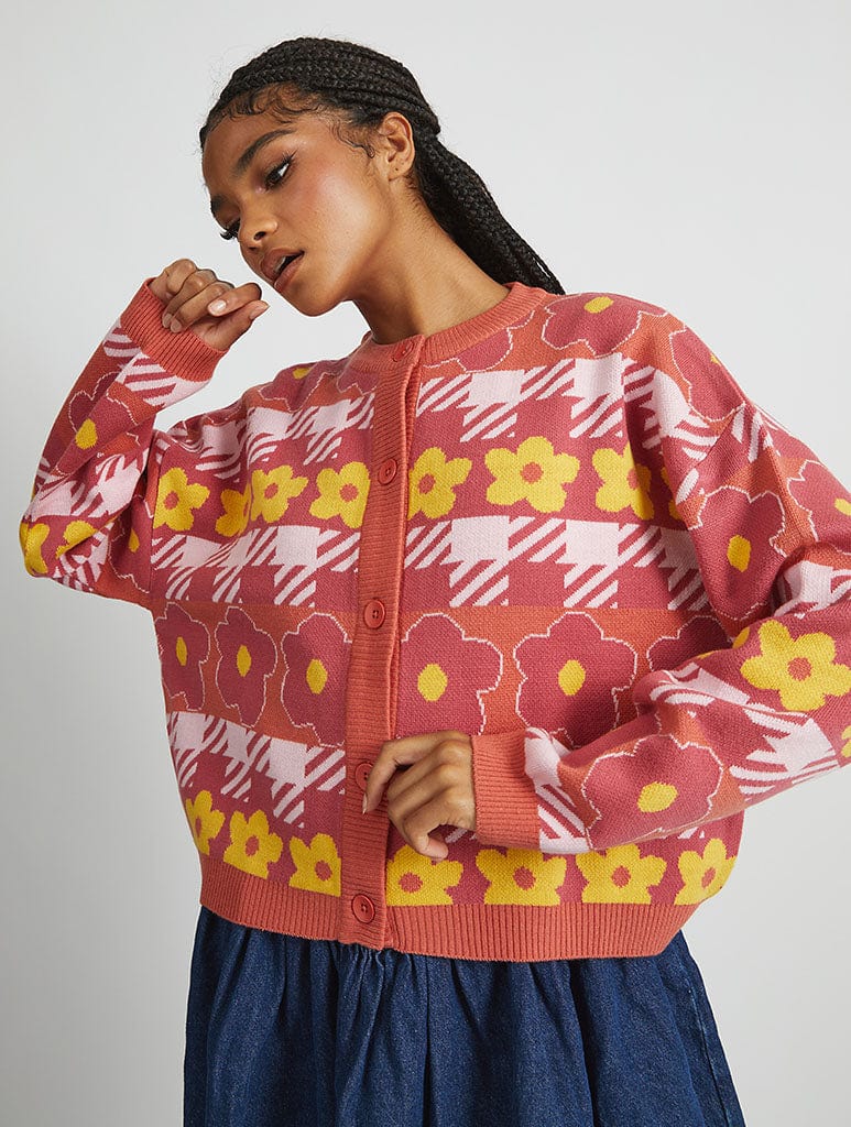 Dogstooth Flower Knitted Cardigan Jumpers & Cardigans Skinnydip London