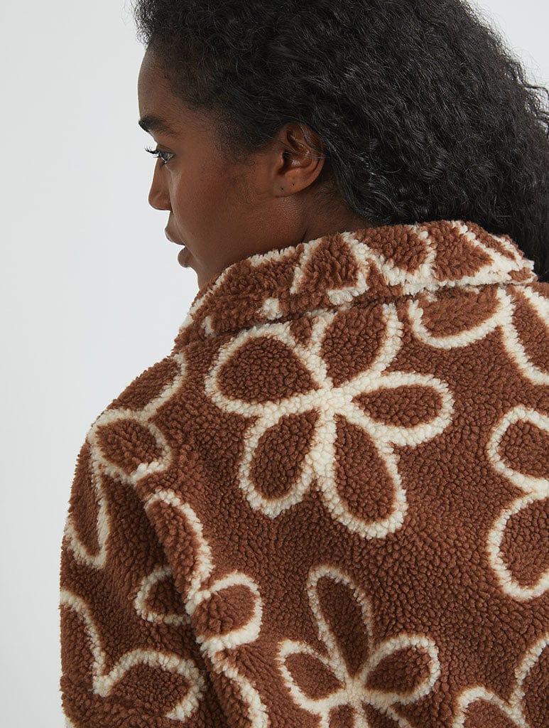 Doodle Flower Borg Jacket in Brown Coats & Jackets Skinnydip London