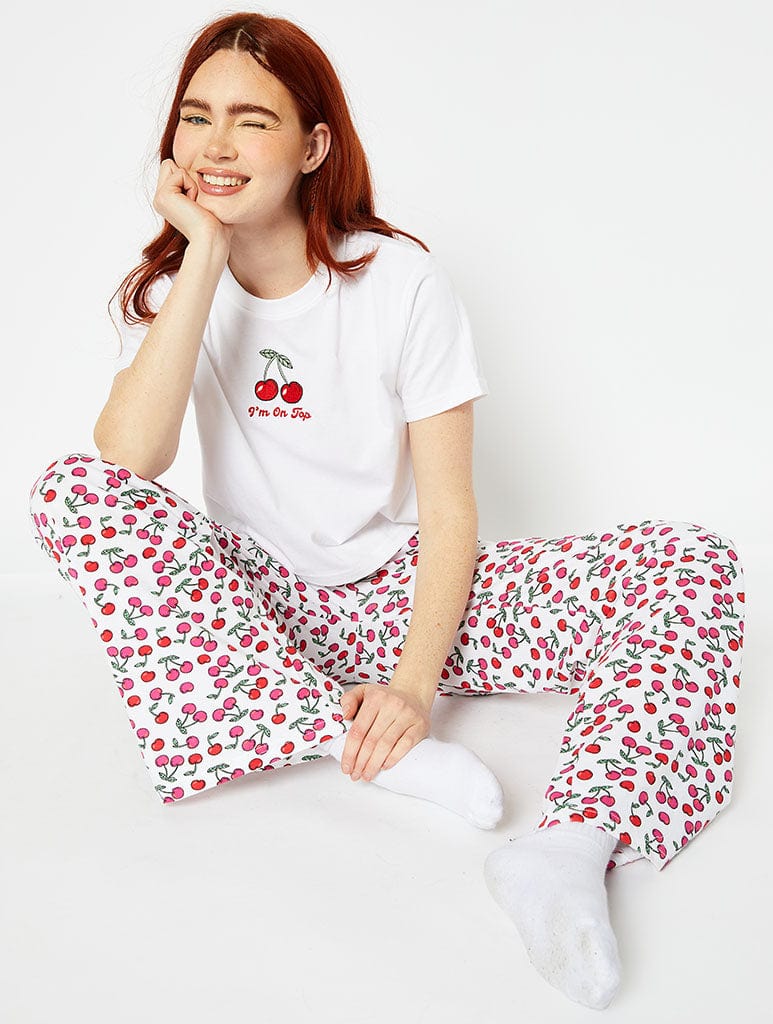 Embroidered Cherry Print T-Shirt & Trouser Pyjama Set Lingerie & Nightwear Skinnydip London