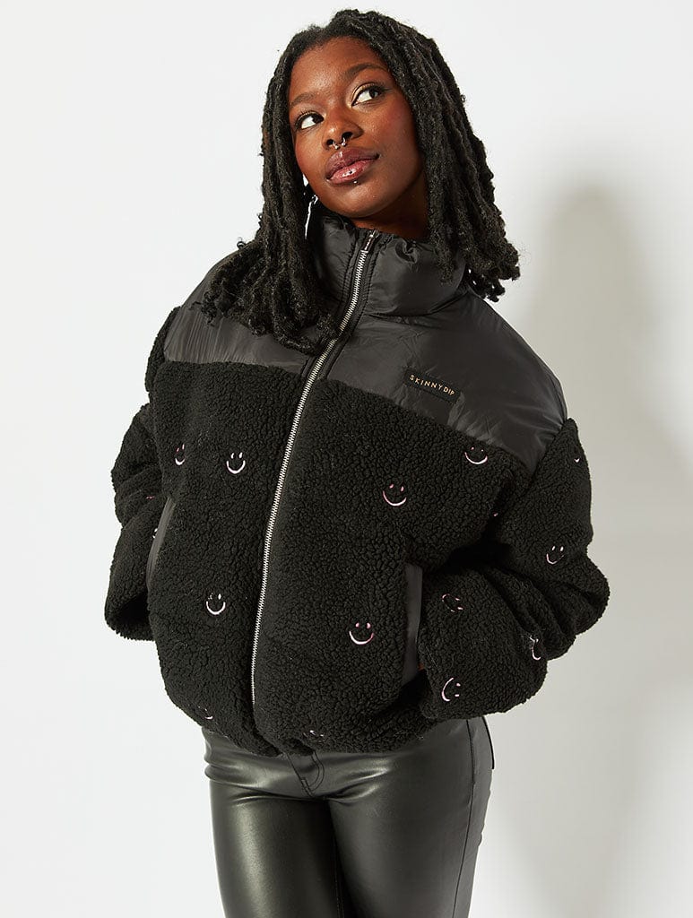 Face Embroidered Borg Puffer Jacket Coats & Jackets Skinnydip London