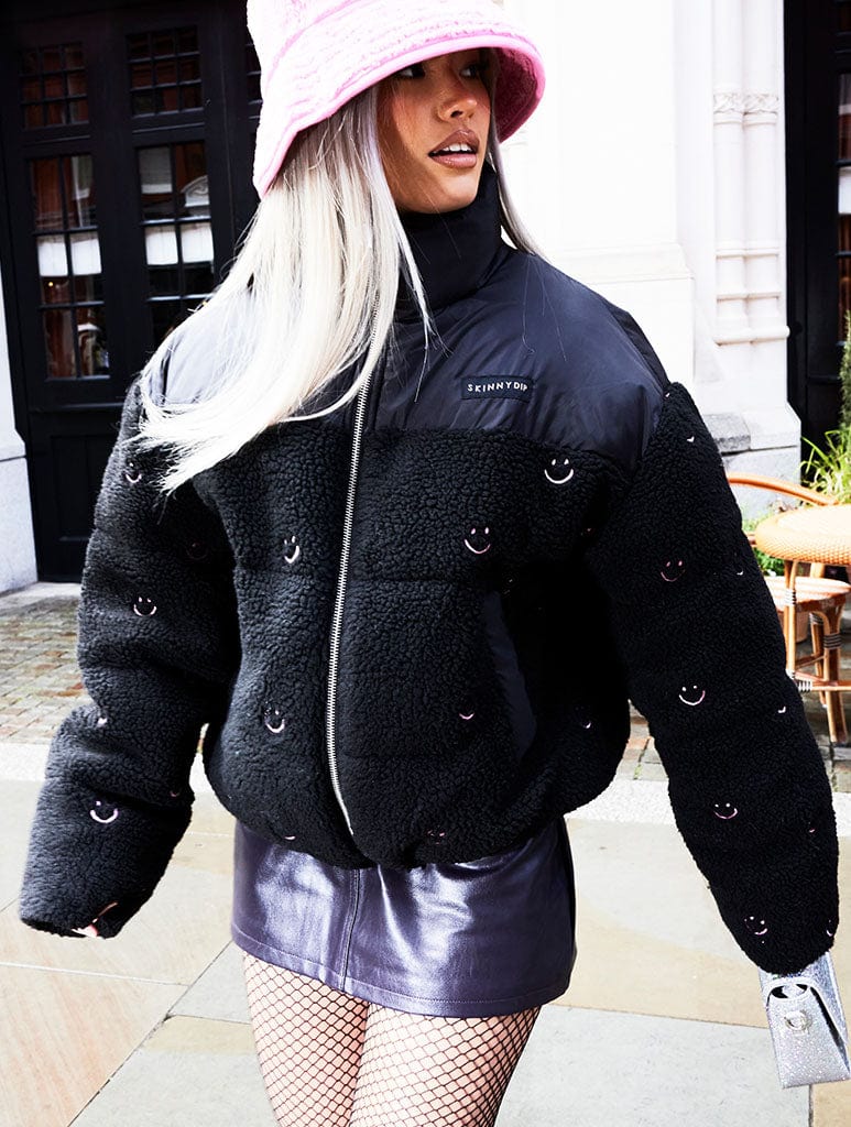 Face Embroidered Borg Puffer Jacket Coats & Jackets Skinnydip London