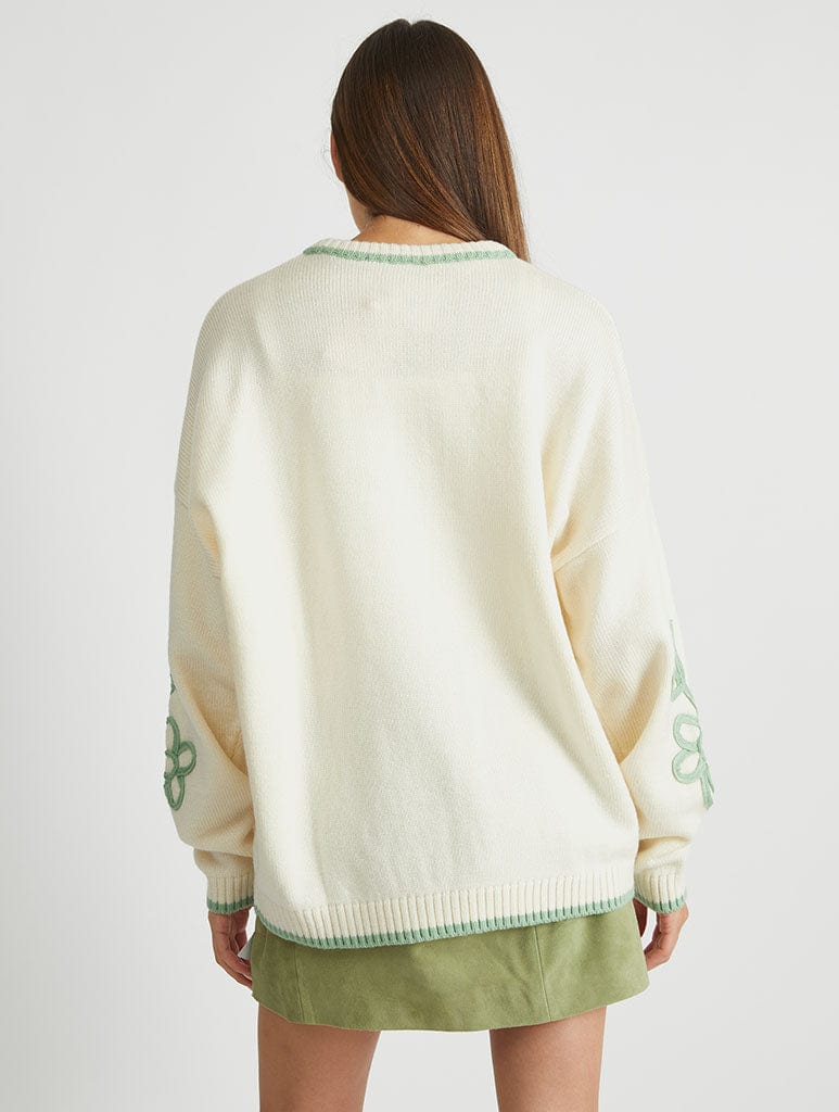 Floral Applique Knitted Jumper in Cream & Sage Jumpers & Cardigans Skinnydip London
