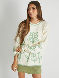 Floral Applique Knitted Jumper in Cream & Sage Jumpers & Cardigans Skinnydip London